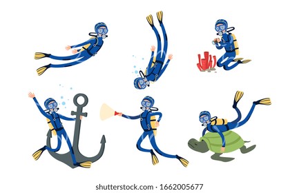 Professional Scuba Divers Collection, Free Diver Swimming in the Sea or Ocean Vector Illustration on White Background