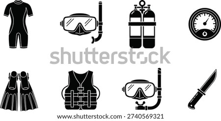 Professional Scuba Diving and Snorkeling Equipment Icon Set Featuring Wetsuit Mask Snorkel Oxygen Tanks Gauge Fins Life Vest and Dive Knife
