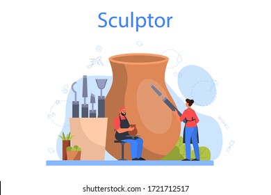 Professional sculptor concept. Creating sculpture of the marble, wood and clay. Creative artist. Art and hobby. Isolated vector illustration in flat style