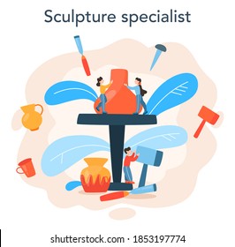 Professional sculptor concept. Creating sculpture of the marble, wood and clay. Creative artist. Art and hobby. Isolated vector illustration in flat style
