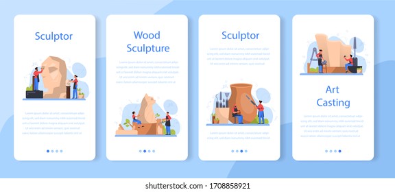 Professional sculptor mobile application banner set. Creating sculpture of the marble, wood and clay. Creative artist. Art and hobby. Isolated vector illustration in flat style