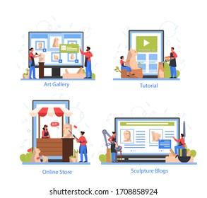 Professional sculptor online service or platform on differernt device concept set. Creating sculpture of the marble, wood and clay. Creative artist. Art and hobby. Isolated vector illustration