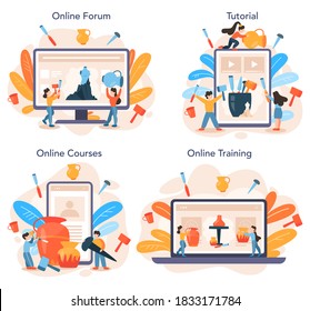 Professional sculptor online service or platform set. Creating sculpture of the marble, wood and clay. Art and hobby. Online course, forum, tutorial, training. Isolated vector illustration