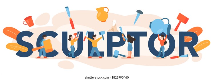 Professional sculptor typographic header concept. Creating sculpture of the marble, wood and clay. Creative artist. Art and hobby. Isolated vector illustration in flat style