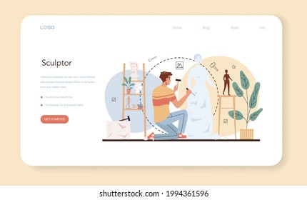 Professional sculptor web banner or landing page. Creating sculpture of the marble, wood and clay. Creative ceramist, sculpting decoration restorer. Art and hobby. Flat vector illustration