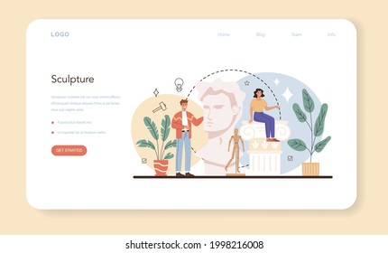 Professional sculptor web banner or landing page. Creating sculpture of the marble, wood and clay. Creative ceramist, sculpting decoration restorer. Art and hobby. Flat vector illustration