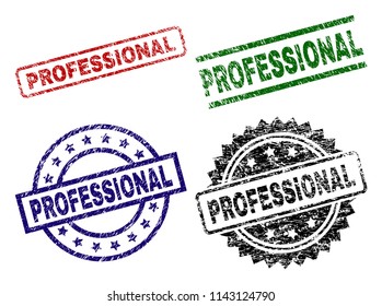 PROFESSIONAL seal prints with corroded texture. Black, green,red,blue vector rubber prints of PROFESSIONAL tag with dust style. Rubber seals with round, rectangle, rosette shapes.