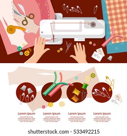 Professional seamstress infographics, work on sewing machine top view. Tailoring, sewing equipment, work table, dressmaking vector 