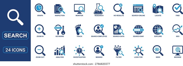 Professional search icon set collection in modern dual tone style featuring explore, locate, find, SEO analysis, online browsing, investigation, inspection, keyword research, tracking, filtering, monitoring, zoom in, zoom out, data analysis, employee, web browsing, discovery, and digital search symbols. Perfect for search engines, analytics dashboards, SEO platforms, mobile apps, websites, data research systems, and online investigation projects. High quality vector icons for search and discovery concepts.