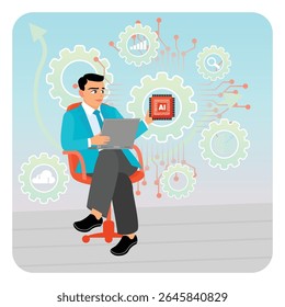 A professional seated on a chair interacts with AI technology on a laptop. Emphasizes communication interaction with artificial intelligence. Embrace AI concept.