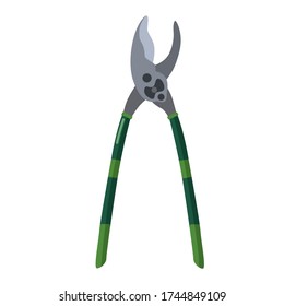 Professional secateur on white background isolated. Green garden tool for trimming and tree care vector illustration icon design. 