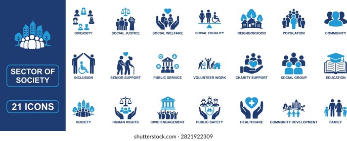 Professional sector of society solid icon set featuring public healthcare, education, community development, social justice, equality, human rights, charity, volunteer work, elder care, disability support, civic engagement, family, and public service symbols. Ideal for nonprofit organizations, government, education, healthcare, social impact projects, and community websites.