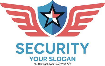 Professional security agency logo with shield wings star and corporate design in clean style