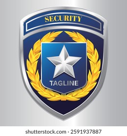 A professional security badge design featuring a metallic shield with a blue and silver theme, a central silver star and bold typography for security branding.