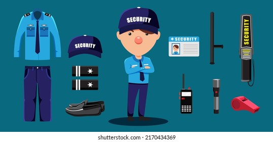 Professional Security guard service agent with professional equipment set. Bodyguard personal protection security officer character in uniform