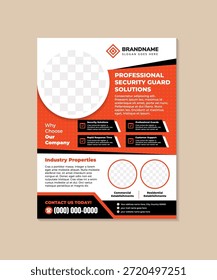 professionelle Sicherheits-Wachen Lösungen Flyer Vorlage auf vertikalem Layout. Kreisformen für die Fotografie. orange und schwarz auf Element einzeln auf weißem Hintergrund. 