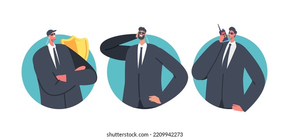 Professional Security Male Characters Isolated Round Icons or Avatars on White Background. Men Safeguards Wear Black Suit, Cap, Sunglasses and Microphone in Ear. Cartoon People Vector Illustration
