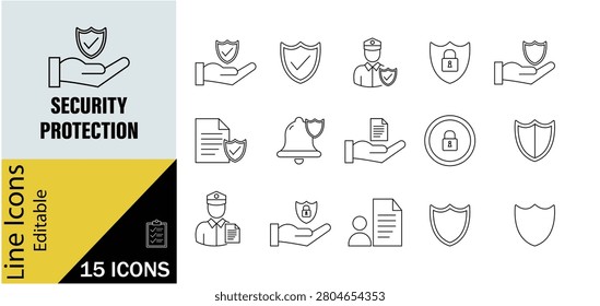 Professional security and protection line icon set featuring shield protection symbols, privacy locks, safety icons, secure, defense elements. Editable stroke.