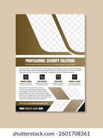 professional security Service Flyer Template for Home or office. gold and black element of Trendy safe guard Service banner Design. infographic and space for photo collageon white background