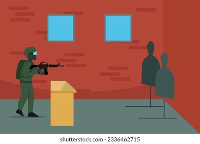 Professioneller Sicherheitsdienst. Soldier, der auf das 2D-Vektorgrafik-Konzept für Banner, Website, Illustration, Landing-Page, Flyer usw. abzielt