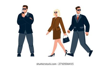 Equipo de seguridad de Profesional que proporciona protección personal para un ejecutivo de negocios o persona importante, garantizando la seguridad y la privacidad de la cliente femenina en un entorno público o corporativo