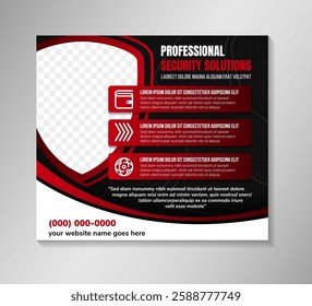 professional security and technology solutions design flyer template use horizontal layout. combination red, black, and white colors. Shield shape for space of photo. transparency of topographic land 