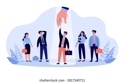 Professional selection concept. Employer choosing candidate and giving hand to employee under spotlight. Vector illustration for hiring, human resource, talent search, competition topics