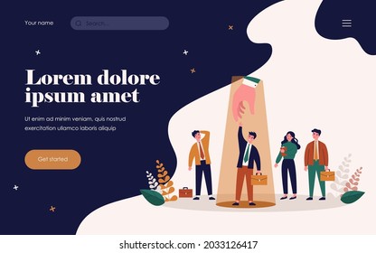 Professional selection concept. Employer choosing candidate and giving hand to employee under spotlight. Vector illustration for hiring, human resource, talent search, competition topics