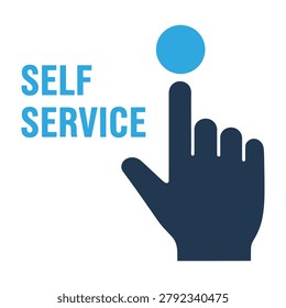 A professional self service icon featuring a hand pressing a blue button. Ideal for automated kiosks, digital interfaces, retail checkout systems, and user guides.