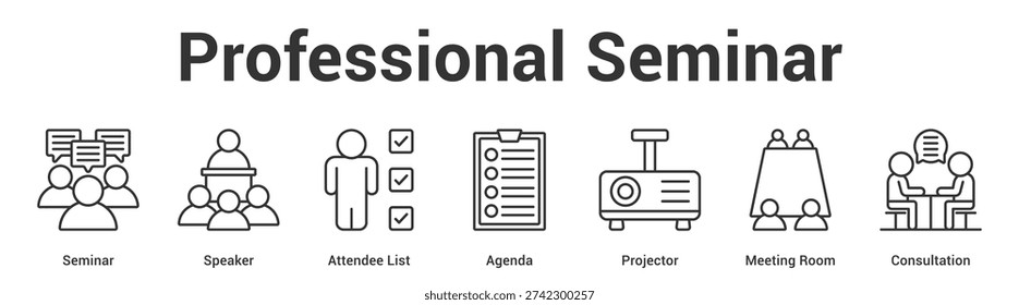 Professional Seminar web banner icon vector illustration concept for business with icon of Seminar, Speaker, Attendee List, Agenda, Projector, Meeting Room,.