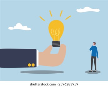 Professional senior manager holding light bulb. Concept of good leadership, intelligence idea, growth management, giving opportunity and solving problem solution to employee flat vector illustration.