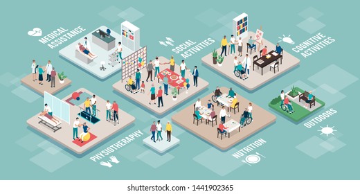 Professional seniors assistance and retirement home services: medical staff and elderly people together doing different activities, isometric infographic