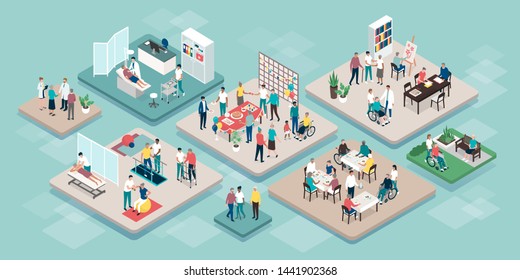 Professional Seniors Assistance And Retirement Home Services: Medical Staff And Elderly People Together Doing Different Activities, Isometric Infographic