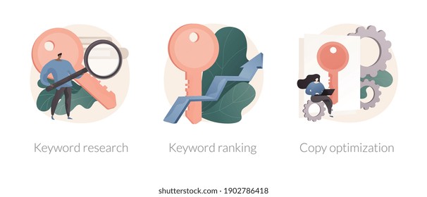 Professional SEO service abstract concept vector illustration set. Keyword research service and page ranking, copy optimization, successful web campaign, search engine, website abstract metaphor.