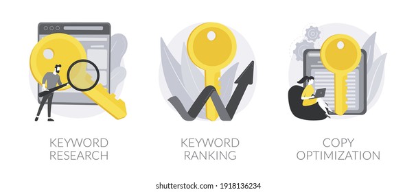 Professional SEO service abstract concept vector illustration set. Keyword research service and page ranking, copy optimization, successful web campaign, search engine, website abstract metaphor.