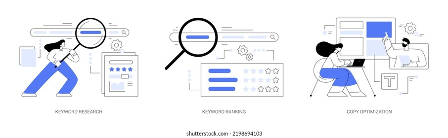 Professional SEO service abstract concept vector illustration set. Keyword research service and page ranking, copy optimization, successful web campaign, search engine, website abstract metaphor.