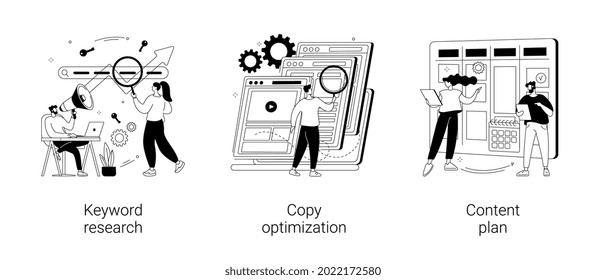 Professional SEO services abstract concept vector illustration set. Keyword research, copy optimization, content plan, web campaign, search engine, online social media planner abstract metaphor.
