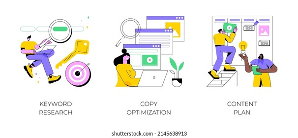 Professional SEO services abstract concept vector illustration set. Keyword research, copy optimization, content plan, web campaign, search engine, online social media planner abstract metaphor.