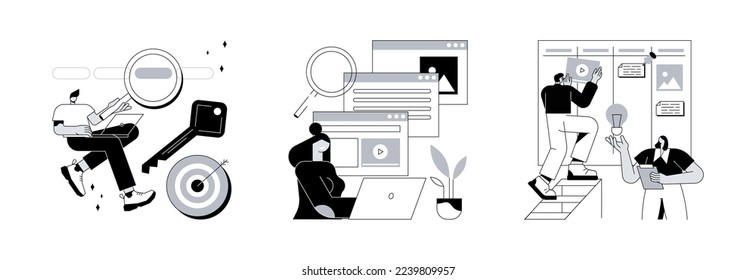 Professional SEO services abstract concept vector illustration set. Keyword research, copy optimization, content plan, web campaign, search engine, online social media planner abstract metaphor.