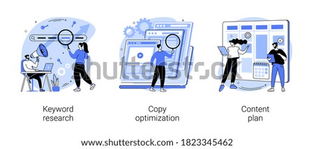 Professional SEO services abstract concept vector illustration set. Keyword research, copy optimization, content plan, web campaign, search engine, online social media planner abstract metaphor.