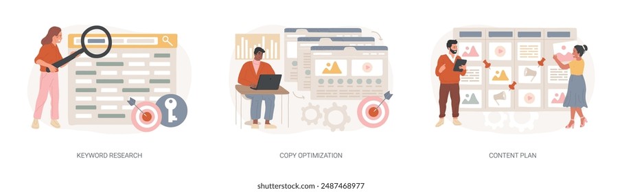 Professional SEO services isolated concept vector illustration set. Keyword research, copy optimization, content plan, web campaign, search engine, online social media planner vector concept.