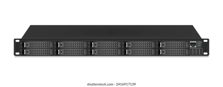 Professional server size 1u with eight 2.5-inch hard drives. 
Network attached storage on white background. Vector illustration.