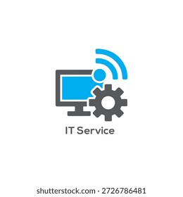Icono del logotipo del servicio de TI de Profesional con un monitor de computadora azul con engranaje gris y señal inalámbrica para Asistencia técnica.
