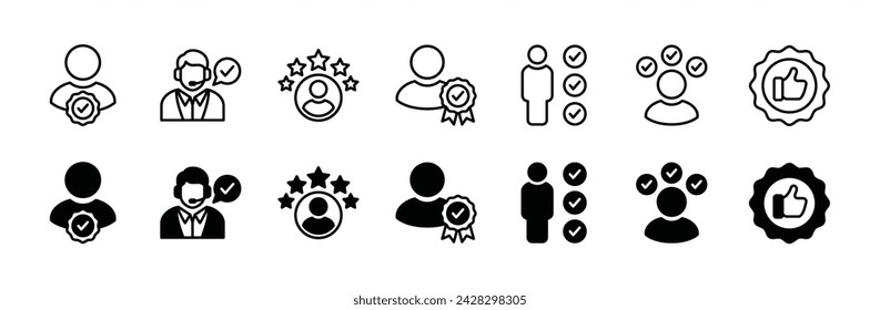 Professional service and support icon set. Containing certify badge, multi-talented, skills, rating stars, and recommended person for management business. Vector illustration