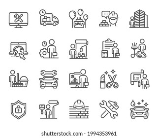 Professional services line icons. Car repair, Home cleaning, Engineering service line icons. Builder and Painter, Wrench tool with hammer, Car wash. Birthday events and internet services. Vector