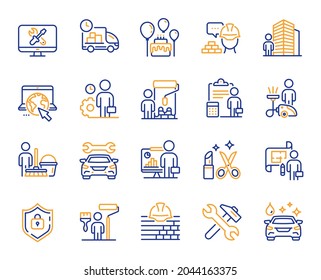 Professional services line icons. Car repair, Home cleaning, Engineering service line icons. Builder and Painter, Wrench tool with hammer, Car wash. Birthday events and internet services. Vector