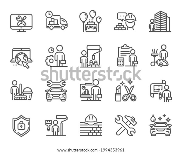 Professional services line icons. Car repair, Home\
cleaning, Engineering service line icons. Builder and Painter,\
Wrench tool with hammer, Car wash. Birthday events and internet\
services. Vector