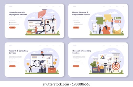 Professional services sector of the economy web banner or landing page set. Human resourses and employment. Research and consulting services. Isolated flat vector illustration