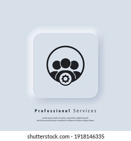 Professional services with setting icon sign. Setup, manage, management. Gear settings icons. Vector EPS 10. UI icon. Neumorphic UI UX white user interface web button. Neumorphism