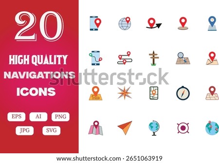 A professional set of 20 high-quality navigation icons designed for digital maps, travel apps, and location-based services. Includes various styles of pins, maps, globes, compasses, and direction sign